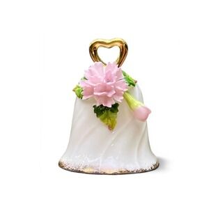 Vintage Porcelain Dinner Bell Pink Carnation Gold Heart Handle White Floral Gift
